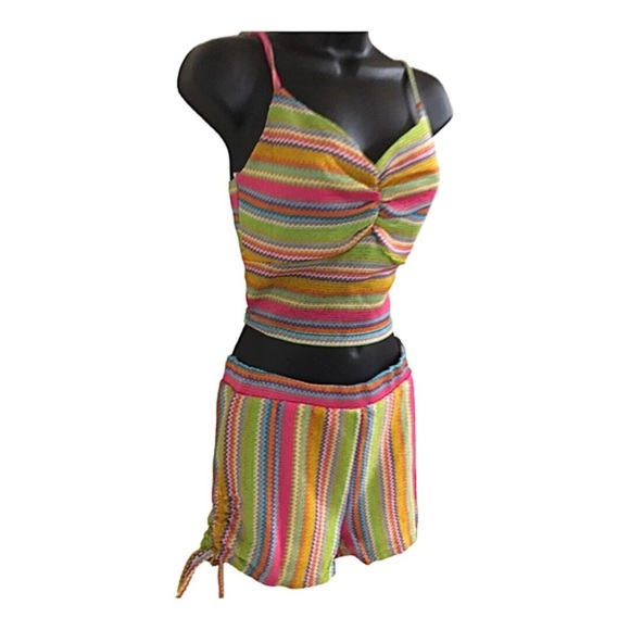 2pc rainbow multicolored crochet mesh look tank top & side tie shorts set size S - Picture 7 of 13